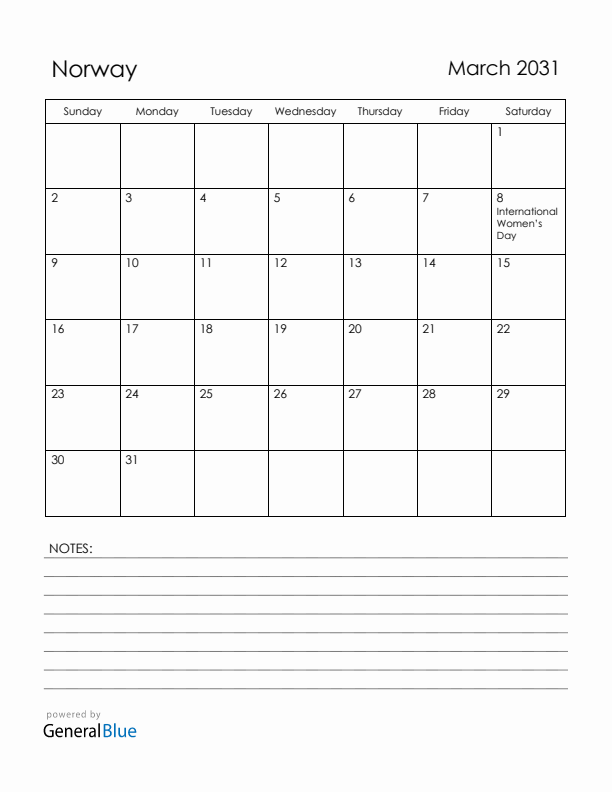 March 2031 Norway Calendar with Holidays (Sunday Start)