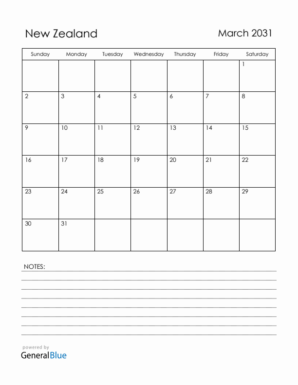 March 2031 New Zealand Calendar with Holidays (Sunday Start)