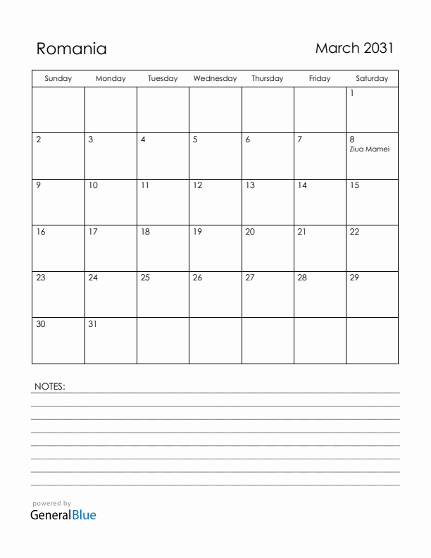 March 2031 Romania Calendar with Holidays (Sunday Start)
