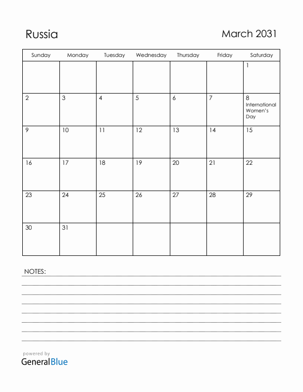 March 2031 Russia Calendar with Holidays (Sunday Start)