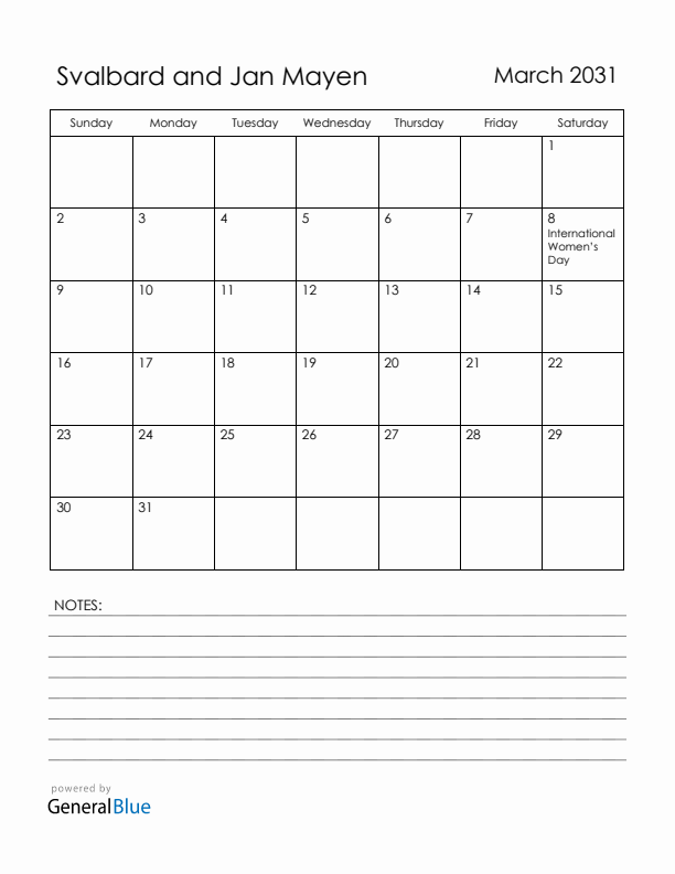March 2031 Svalbard and Jan Mayen Calendar with Holidays (Sunday Start)