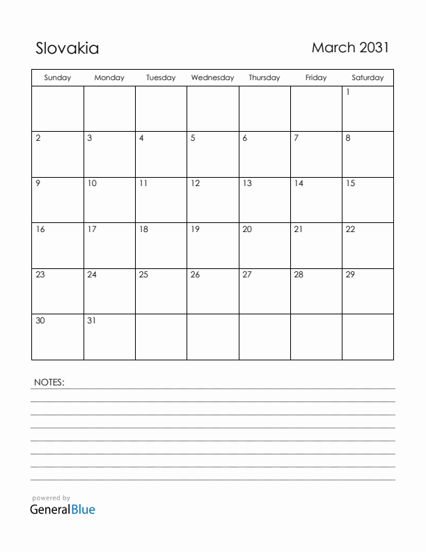 March 2031 Slovakia Calendar with Holidays (Sunday Start)