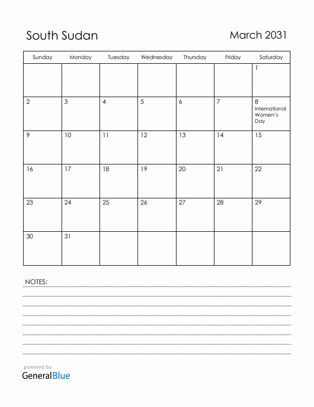 March 2031 South Sudan Calendar with Holidays (Sunday Start)