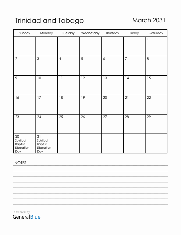 March 2031 Trinidad and Tobago Calendar with Holidays (Sunday Start)
