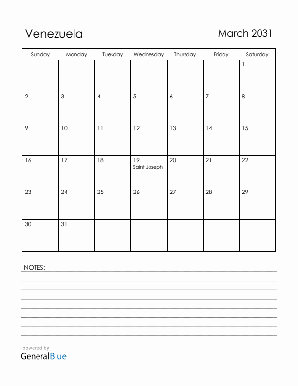 March 2031 Venezuela Calendar with Holidays (Sunday Start)