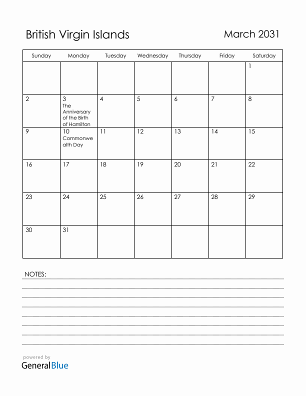 March 2031 British Virgin Islands Calendar with Holidays (Sunday Start)