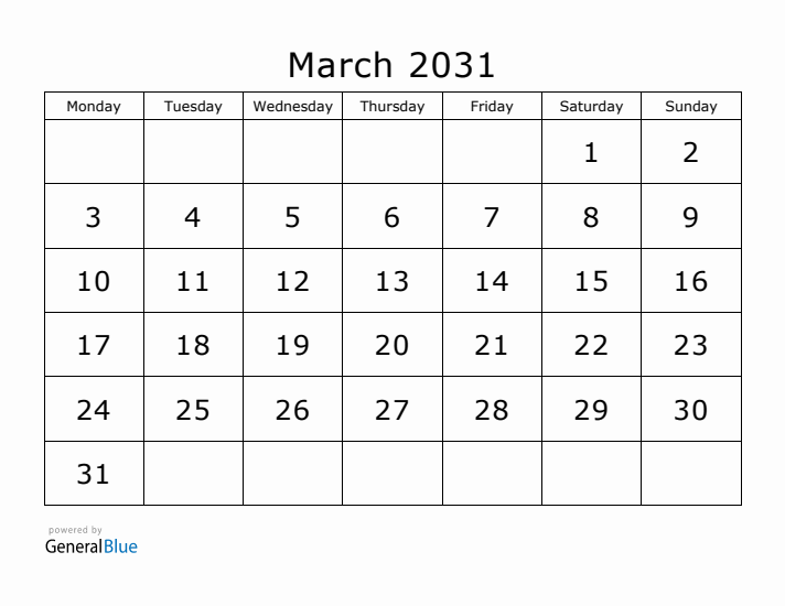 Printable March 2031 Calendar - Monday Start