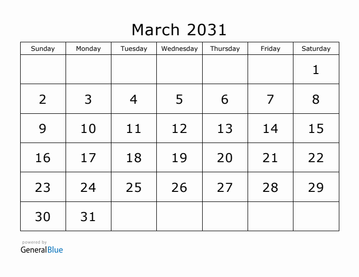 Printable March 2031 Calendar - Sunday Start