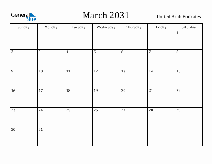March 2031 Calendar United Arab Emirates