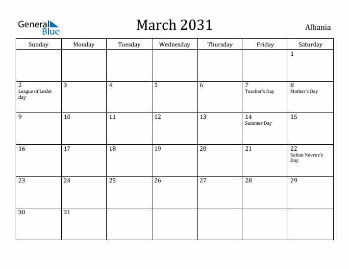 March 2031 Calendar Albania