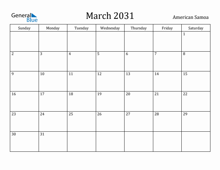 March 2031 Calendar American Samoa