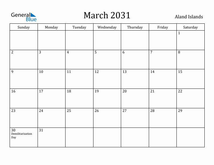 March 2031 Calendar Aland Islands