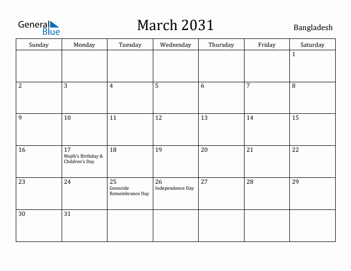 March 2031 Calendar Bangladesh