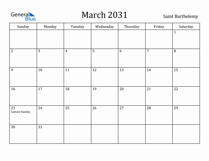 March 2031 Calendar Saint Barthelemy
