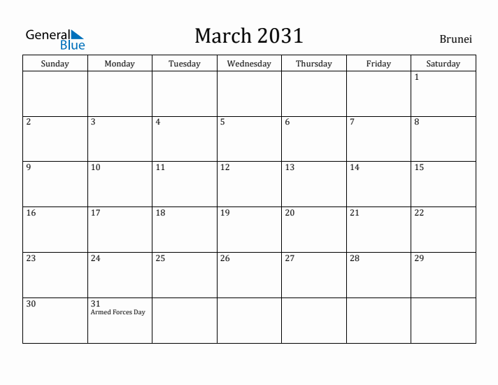 March 2031 Calendar Brunei