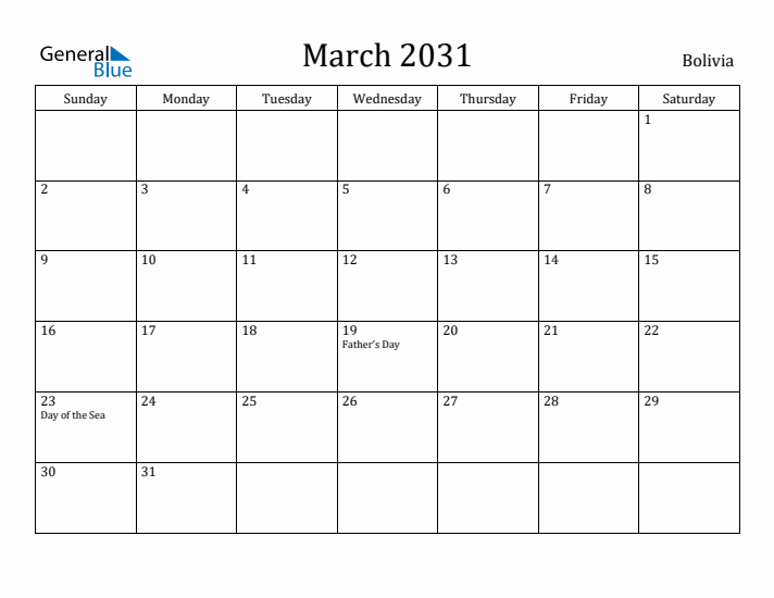 March 2031 Calendar Bolivia