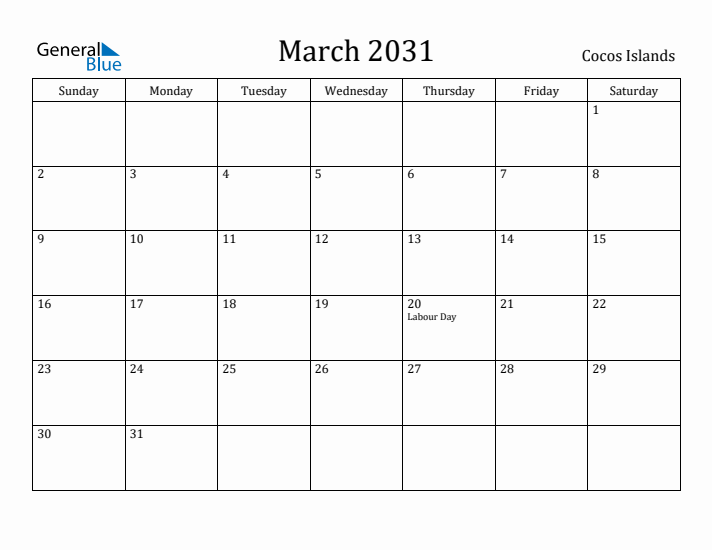 March 2031 Calendar Cocos Islands