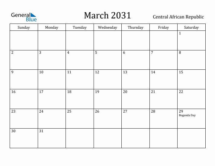 March 2031 Calendar Central African Republic