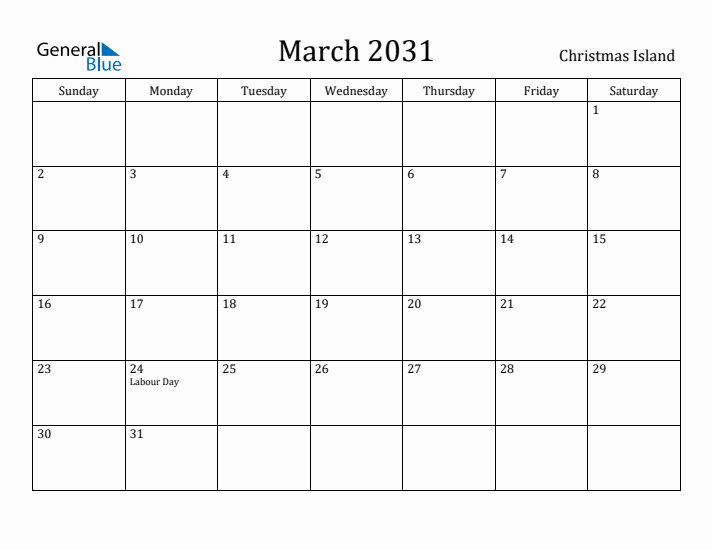 March 2031 Calendar Christmas Island
