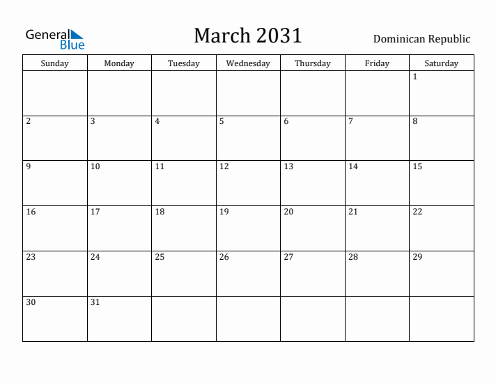 March 2031 Calendar Dominican Republic