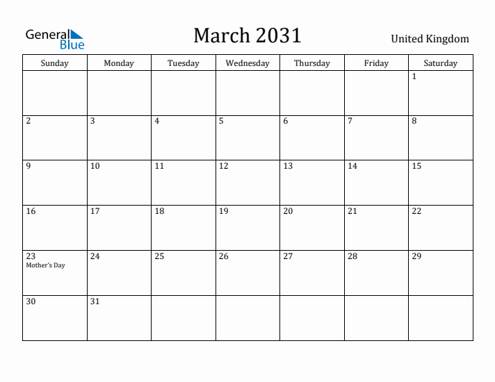 March 2031 Calendar United Kingdom