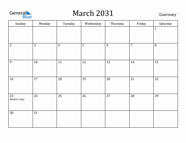 March 2031 Calendar Guernsey