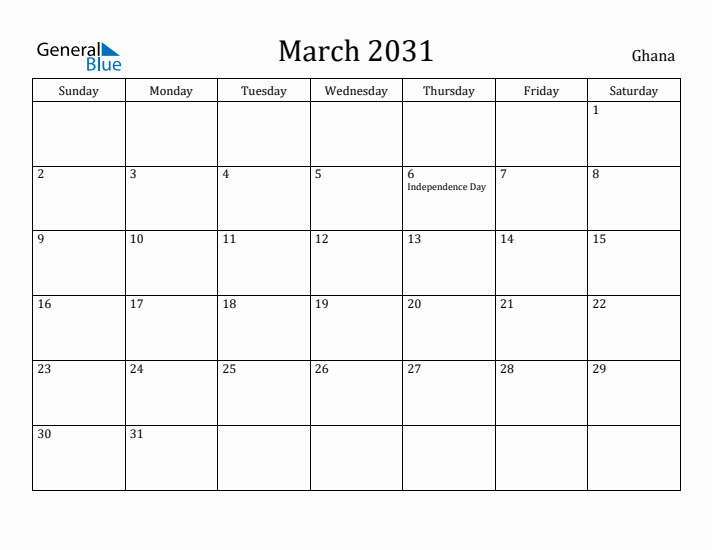 March 2031 Calendar Ghana