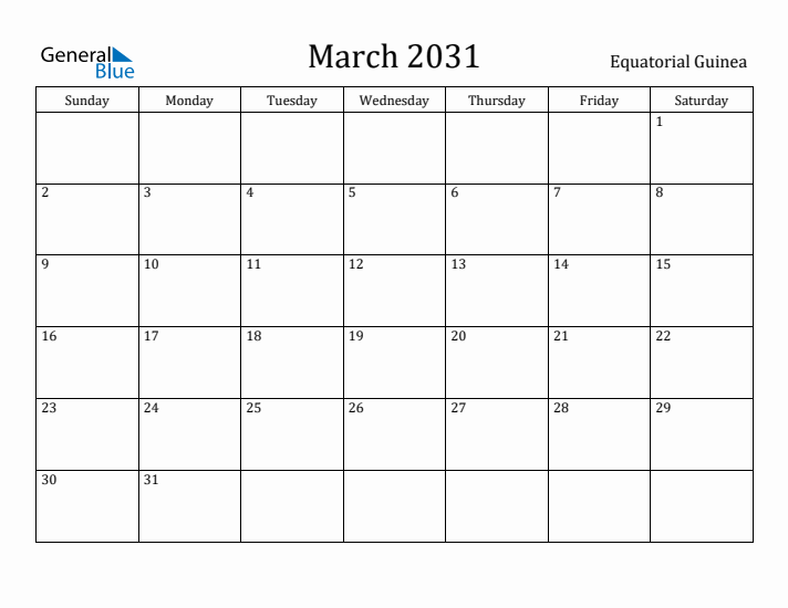 March 2031 Calendar Equatorial Guinea