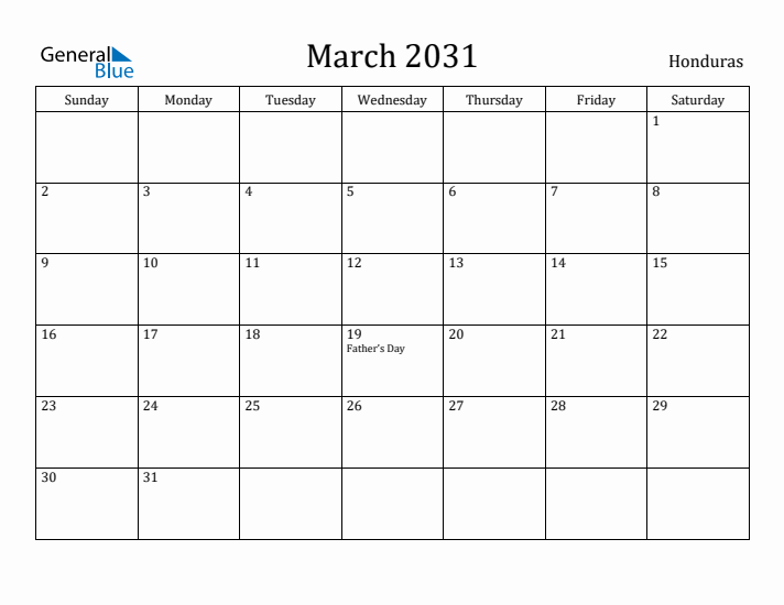 March 2031 Calendar Honduras