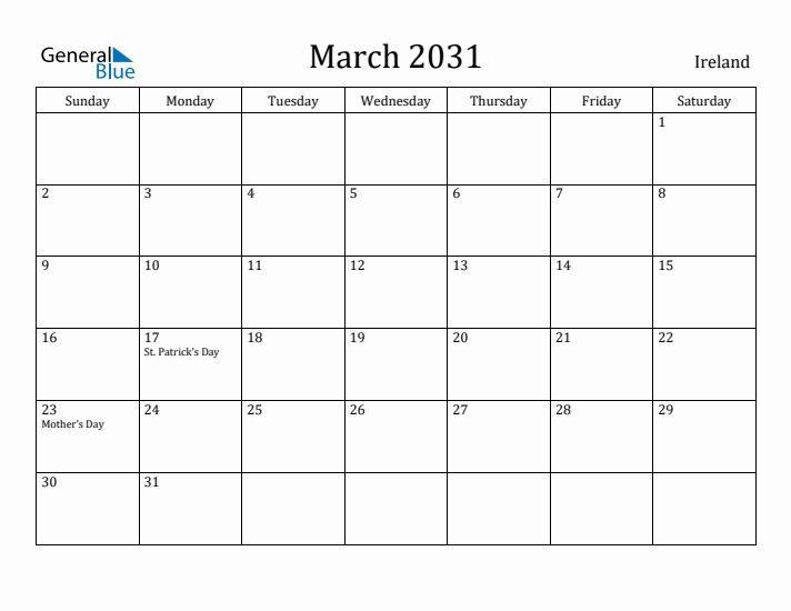 March 2031 Calendar Ireland