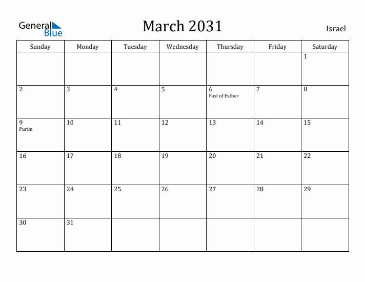 March 2031 Calendar Israel
