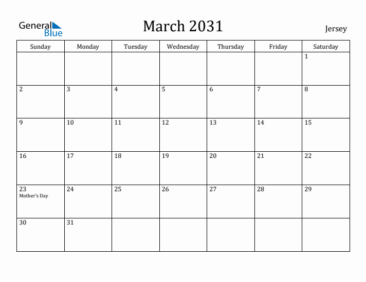 March 2031 Calendar Jersey