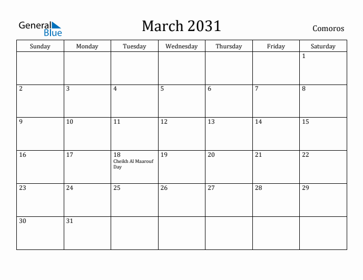 March 2031 Calendar Comoros