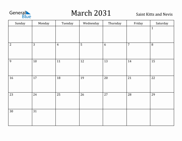 March 2031 Calendar Saint Kitts and Nevis
