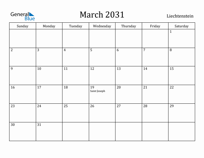 March 2031 Calendar Liechtenstein