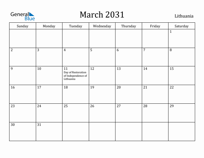March 2031 Calendar Lithuania