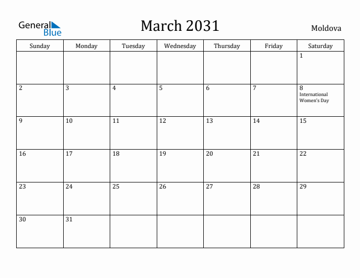 March 2031 Calendar Moldova