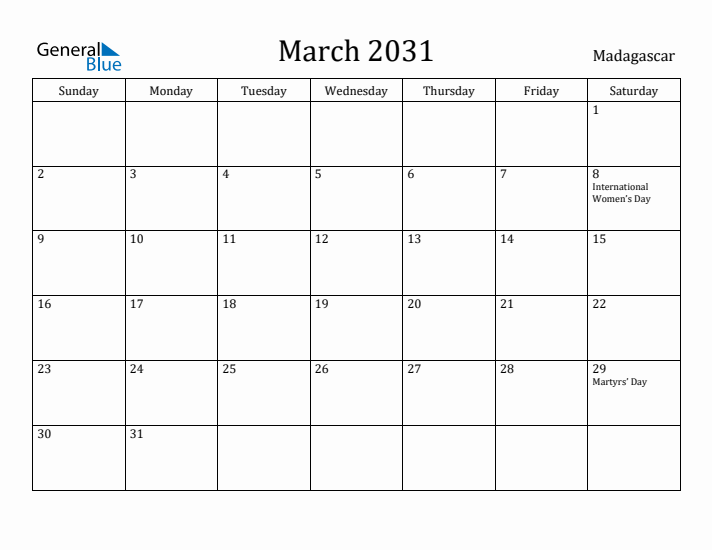 March 2031 Calendar Madagascar