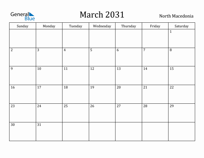 March 2031 Calendar North Macedonia