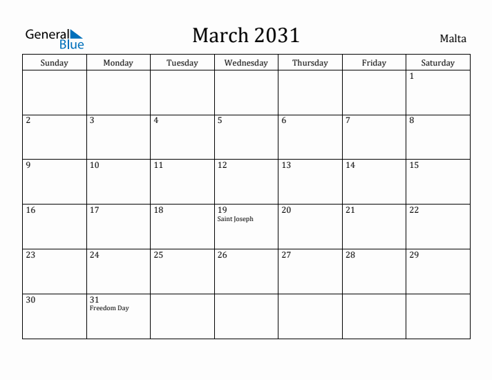 March 2031 Calendar Malta
