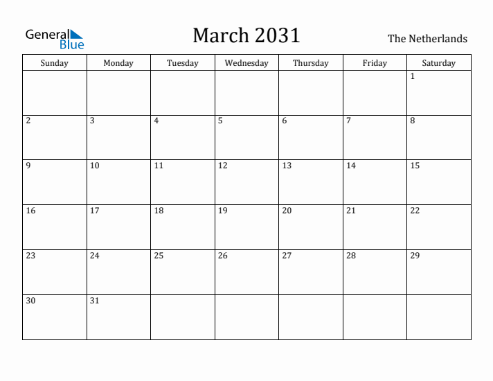 March 2031 Calendar The Netherlands