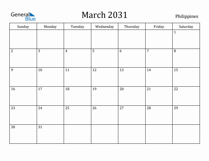 March 2031 Calendar Philippines