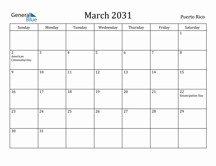 March 2031 Calendar Puerto Rico