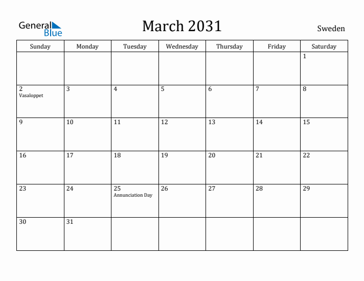March 2031 Calendar Sweden