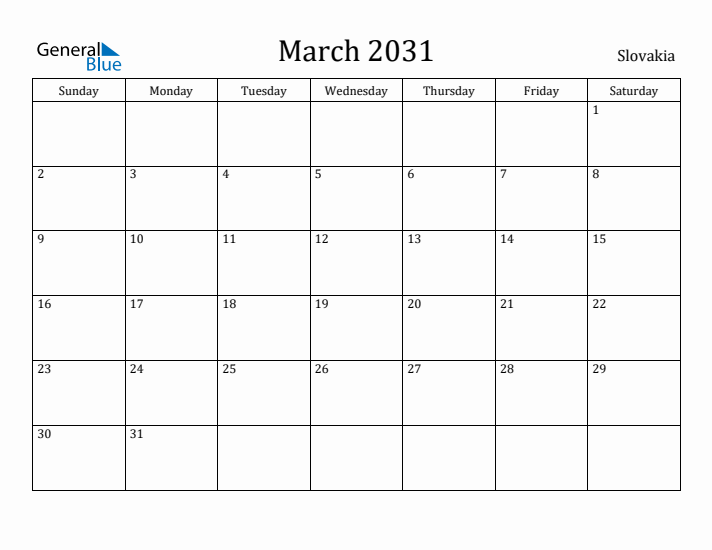 March 2031 Calendar Slovakia