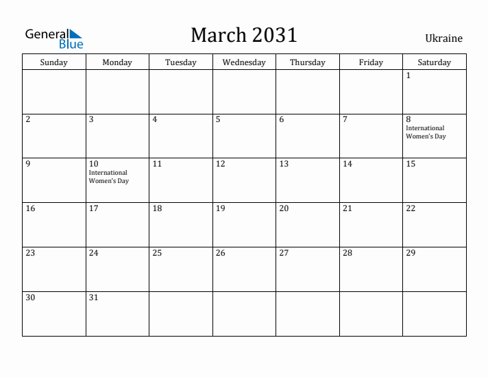 March 2031 Calendar Ukraine