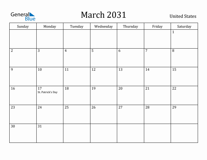 March 2031 Calendar United States