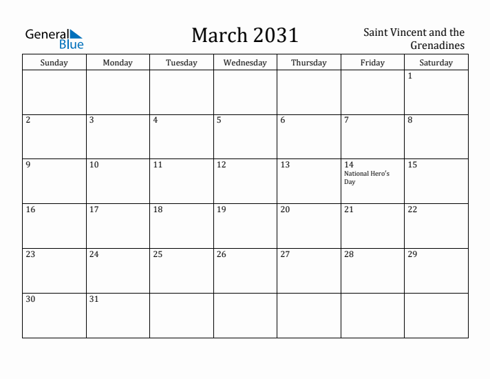 March 2031 Calendar Saint Vincent and the Grenadines