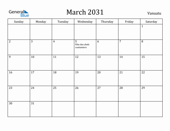 March 2031 Calendar Vanuatu