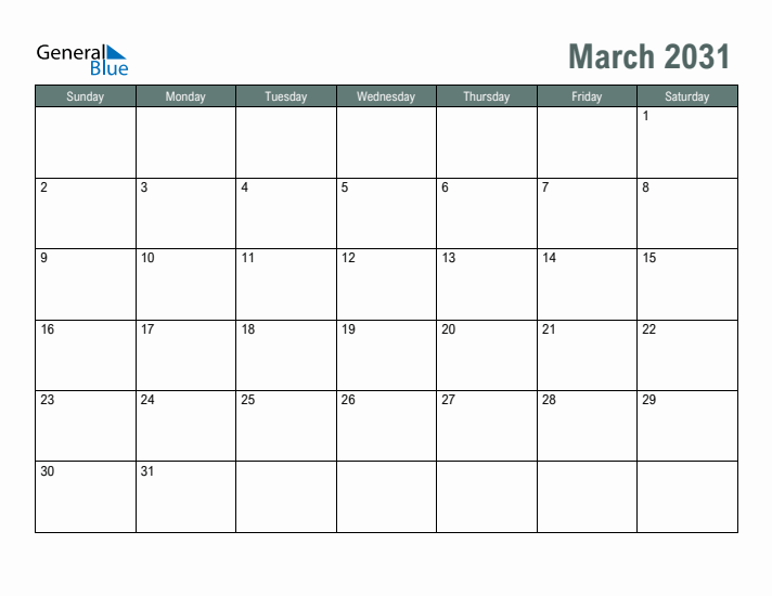 Free Printable March 2031 Calendar
